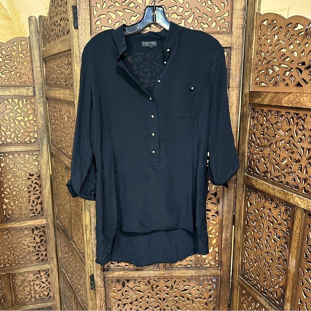 LIA KES button‎ down silk tunic black blouse M